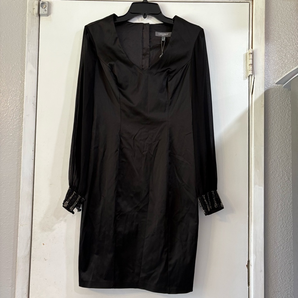 Camomilla Black Cocktail Evening Dress Sheer Long Sleeves Beaded Cuffs Wedding